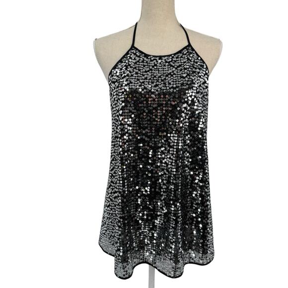 Victoria's Secret Silver Sequin Shimmer Halter Top Small Backless Black Vintage - Picture 1 of 12